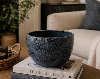 Handcrafted Spain Medium Dark Teal Navy Ceramic Planter Bowl Pot | Textured Reactive Glaze Indoor