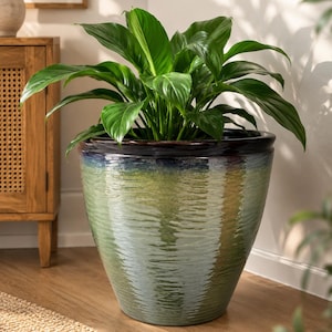 Green Glaze Ceramic Planter Pot | Green Ribbed Texture | Rustic Style