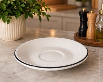 Set of 4 White, Black Rimmed Salad Plates | Classic Trim | Everyday Dinnerware