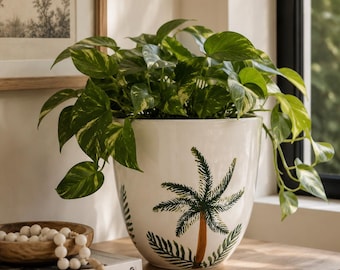 Collectible Farval Ceramics Hand Painted Palm Tree Planter Pot | Portugal White Tropical Botanical Decor