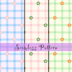May include: Three vertical panels displaying a seamless pattern of hand-drawn grid lines and small flowers. The first panel features blue lines on a light pink background with pink flowers, the second has pink lines on cream with green flowers, and the third has green lines on yellow with orange flowers. The text Seamless Pattern is centered.