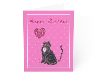 Hand Drawn Black Cat Birthday Card, Heart Balloon Whimsical Greeting, Cat Lover Gift