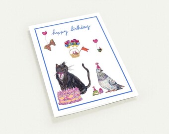 Set of 10 Animal Birthday Card, Hand Drawn Happy Birthday Card, Cute Cat Birthday Card, Whimsical Greeting Card, Funny Animal Card