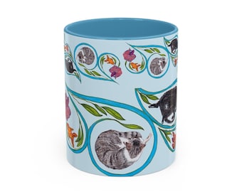 Cat Mug, Pesto Sumac Paisley, Koi Fish, Hand Drawn Ceramic Cup