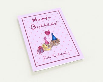 Set of 10 Happy Birthday Card, Hand Drawn Hamster Card, Cute Animal Birthday Card, Whimsical Birthday Card, Lets Celebrate Card