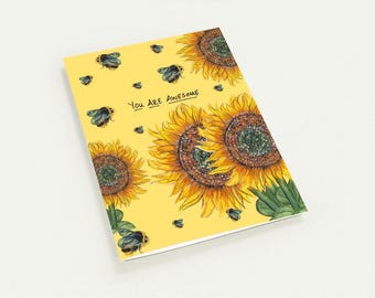 Set of 10 Sunflower Encouragement Card, You Are Awesome Card, Hand Drawn Cheer Up Card, Bee Greeting Card, Appreciation Card, Cute Card