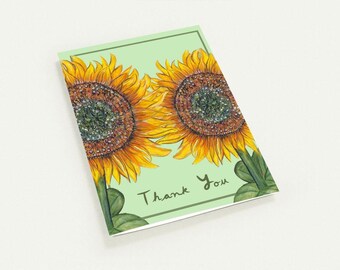 Set of 10 Thank You Card, Hand Drawn Sunflower Card, Floral Thank You Card, Botanical Greeting Card, Cute Thank You Card, Sunflower Art