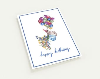Set of 10 Bunny Happy Birthday Card, Hand Drawn Greeting Card, Cute Rabbit Birthday Card, Whimsical Balloon Card, Floral Card