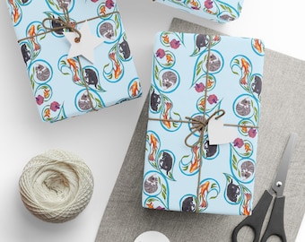 Cat Wrapping Paper, Hand Drawn Paisley Gift Wrap, Koi Goldfish Gift Wrap, Cute Cat Present Wrap, Whimsical Pet Wrapping Paper, Blue Wrapping