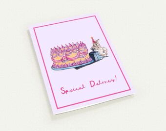 Set of 10 Happy Birthday Card, Hand Drawn Bunny Card, Birthday Cake Card, Cute Forklift Card, Funny Rabbit Card, Special Delivery Card