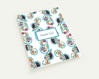 Set of 10 Cat Thank You Card, Hand Drawn Paisley Card, Koi Fish Thank You, Cute Cat Greeting Card, Pet Lover Thank You Note, Blue Card
