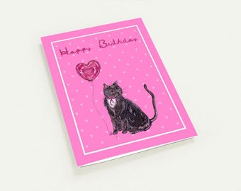 Set of 10 Happy Birthday Card, Hand Drawn Black Cat Card, Cute Cat Birthday Card, Whimsical Birthday Card, Cat Lover Gift