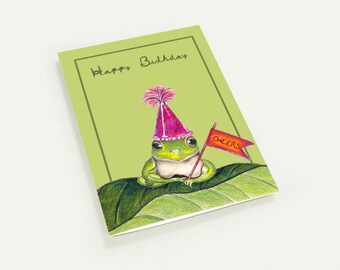 Set of 10 Happy Birthday Card, Hand Drawn Frog Card, Cute Frog Birthday Card, Whimsical Birthday Card, Party Frog Card, Frog Lover Gift
