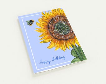 Set of 10 Sunflower Birthday Card, Hand Drawn Greeting Card, Bee Happy Birthday Card, Floral Card, Botanical Card, Cute Sunflower Card