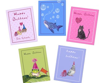 Hand Drawn Birthday Card Set, Whimsical Animals, 5 Pack (A2 Size)