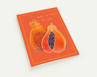 Set of 10 Thinking of You Card, Hand Drawn Papaya Card, Just a Note Card, Fruit Greeting Card, Just Because Card, Botanical Art Card