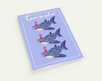 Set of 10 Congratulations Card, Hand Drawn Whale Shark Card, Cute Congrats Card, Ocean Animal Card, Graduation Card, Whale Shark Art