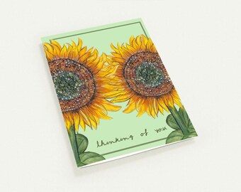Set of 10 Thinking of You Card, Hand Drawn Sunflower Card, Floral Greeting Card, Just Because Card, Botanical Card, Sunflower Art