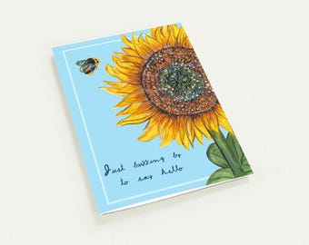 Set of 10 Thinking of You Card, Hand Drawn Sunflower Card, Bee Greeting Card, Just Saying Hello Card, Friendship Card, Botanical Card