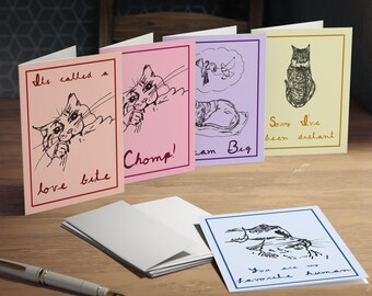 Hand Drawn Cat Cards, Whimsical Humor Pack, Cat Lover Gift (Set of 5)