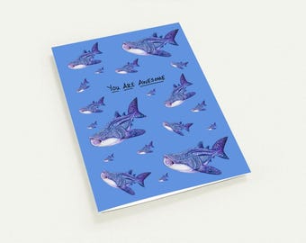 Set of 10 Whale Shark Encouragement Card, You Are Awesome Card, Hand Drawn Cheer Up Card, Ocean Animal Card, Appreciation Card, Cute Card