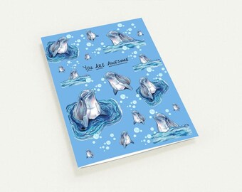 Set of 10 Dolphin Encouragement Card, You Are Awesome Card, Hand Drawn Cheer Up Card, Ocean Animal Card, Appreciation Card, Cute Card