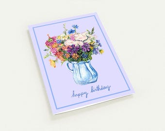 Set of 10 Flower Birthday Card, Hand Drawn Greeting Card, Wildflower Bouquet Card, Botanical Happy Birthday Card, Pretty Floral Card