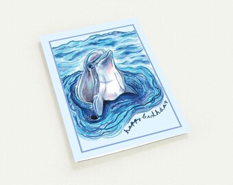 Set of 10 Happy Birthday Card, Hand Drawn Dolphin Card, Cute Ocean Animal Card, Whimsical Birthday Card, Dolphin Lover Gift, Sea Life Card