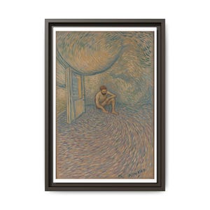 May include: A framed art print featuring a painting of a bearded figure crouching in a room with swirling, textured blue and tan brushstrokes. The scene includes an open doorway on the left and a signature in the bottom right corner of the artwork.