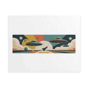 May include: A retro-style illustration featuring a colorful space scene. The artwork showcases flying saucers, a rocket, planets, and stars against a backdrop of clouds and a stylized sun. The color palette includes shades of blue, orange, and yellow.