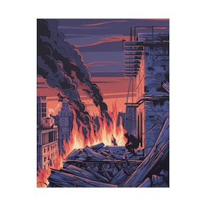 May include: An illustration of a city on fire, with dark smoke rising against a purple and orange sky. A person is silhouetted, looking at the destruction from a building's edge. The artwork has a dramatic, comic book style.