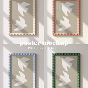 May include: Four rectangular poster frames with beaded edges in beige, pink, light blue, and green. Each frame contains a beige print featuring two white stylized birds in flight. The text "By Barakaya", "poster mockup", and "PSD Smart Object" is visible.