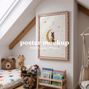 May include: A rectangular poster in a scalloped light wood frame featuring a Siamese cat sitting on a yellow crescent moon surrounded by gold stars against a cream background with a red dotted border. The text reads By Barakaya poster mockup.