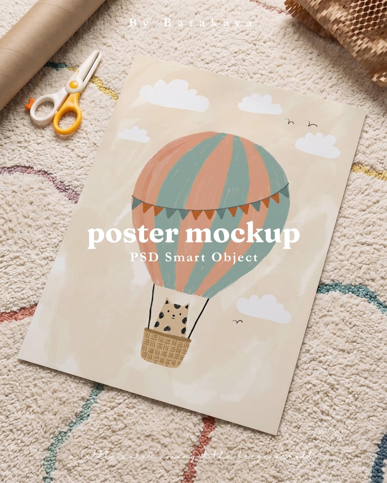 May include: A rectangular poster mockup featuring a hot air balloon illustration with a cat in the basket, set against a beige sky with white clouds. The text "poster mockup" and "PSD Smart Object" are printed in white across the centre.