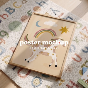 May include: A rectangular wooden frame containing a poster with a beige background, featuring a white horse with brown spots and yellow stars, a rainbow, a blue crescent moon, a white cloud, and a yellow star. The text reads poster mockup PSD Smart Object.