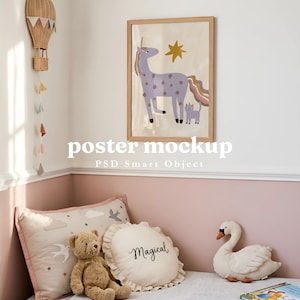 May include: A framed poster featuring a purple unicorn and a small cat with a yellow star, a wicker hot air balloon wall hanging, a rectangular pillow with bird motifs, a round ruffled pillow with the word Magical, and a swan plush toy.
