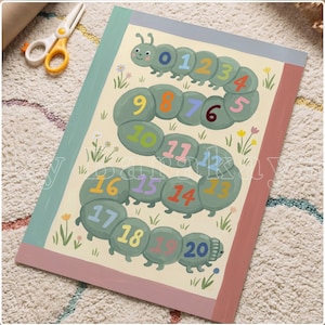May include: A rectangular educational poster featuring a green caterpillar winding across a cream background. The caterpillar body segments are numbered from 0 to 20 in various colours. Small floral illustrations surround the caterpillar, and the poster has a teal left border and a dusty rose right border.