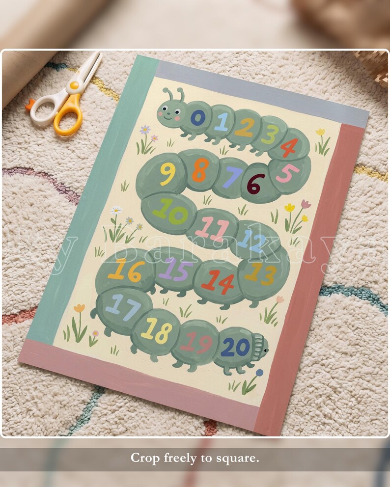 May include: A rectangular educational poster featuring a green caterpillar winding across a cream background. The caterpillar body segments are numbered from 0 to 20 in various colours. Small floral illustrations surround the caterpillar, and the poster has a teal left border and a dusty rose right border.