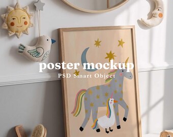 Nursery 2:3 Kids Room Poster Mockup, Wooden Frame, PSD Smart Object