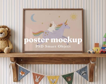 Nursery Horizontal 7:5 Frame Mockup Poster PSD | Striped Wall Shelf for Artwork, Smart Object