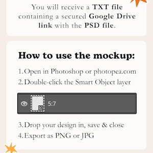 May include: An instructional graphic with a light background and orange star accents. It explains how to use a mockup, detailing the process of opening a PSD file in Photoshop or photopea.com, editing the 5:7 smart object layer, and exporting.