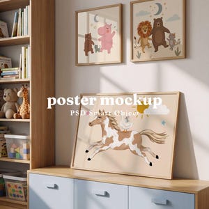 May include: Three framed posters featuring animal illustrations. Two square posters show a bear, hippo, lion, and cat. One large rectangular poster displays a brown and white horse with a bird and mouse, under the text poster mockup PSD Smart Object.