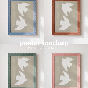 May include: Four rectangular wall frames with wavy edges, each containing a beige poster featuring two white flying birds. The frames are colored blue, brown, green, and pink. Text on the image includes By Barakaya, poster mockup, PSD Smart Object, and a little color amongst the beige scroll.