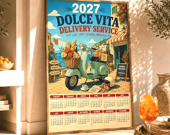 2027 Italian Scooter Wall Art Calendar, Retro Travel Poster (Digital Download)