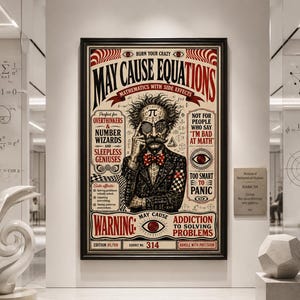 May include: A rectangular poster in a black frame featuring a central illustration of a scientist with wild hair, a pi symbol on the forehead, and a bowtie. The text reads May Cause Equations, Mathematics with Side Effects, and Warning.
