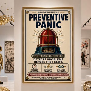 May include: A rectangular poster titled PREVENTIVE PANIC featuring a red emergency light graphic, text reading ADVANCED DISASTER IMAGINATION UNIT, and a small plaque below labeled DEPARTMENT OF IMAGINARY EMERGENCIES, all displayed on a white wall.