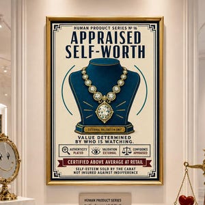 Könnte beinhalten: Ein gerahmtes Poster mit dem Titel Appraised Self-Worth aus der Human Product Series No 16. Das Kunstwerk zeigt eine goldene Halskette mit einem großen zentralen Edelstein auf einer blauen Büste, umgeben von Texten und Symbolen zur Validierung.
