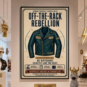 Póster de chaqueta de cuero sarcástica, lámina decorativa de pared con temática de rebeldía de estilo "Off-the-Rack"
