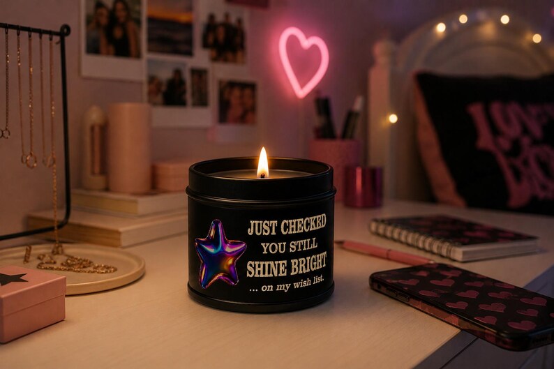 May include: A lit black candle in a tin with a holographic star and the text "JUST CHECKED YOU STILL SHINE BRIGHT ... on my wish list." The candle sits on a desk with a phone, notebook, and jewelry.