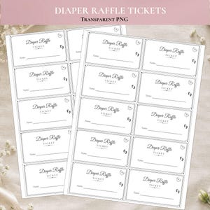 May include: A digital sheet of printable diaper raffle tickets featuring a black and white design. Each rectangular ticket includes the text Diaper Raffle TICKET, a line for a name, and small graphic icons of a baby bottle and footprints.